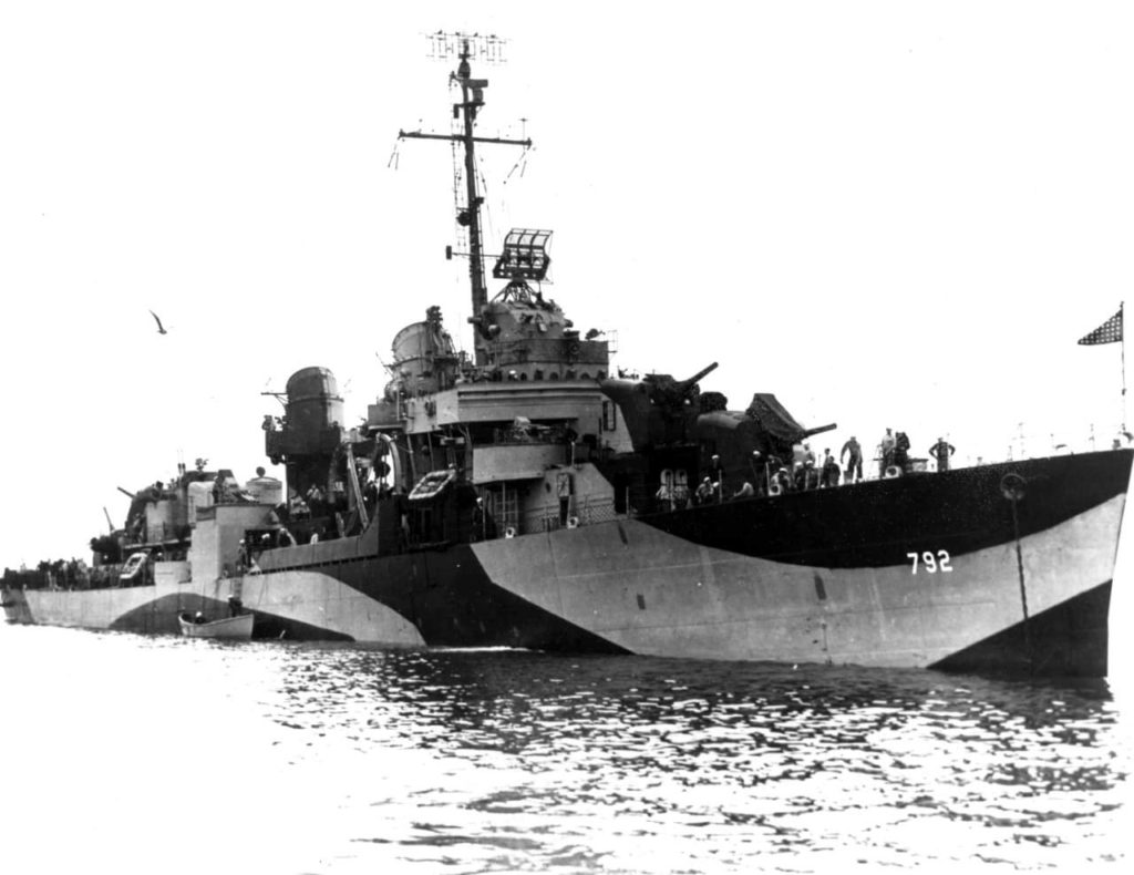 USS Callaghan (DD-792) served on radar picket duty at Okinawa. She would be the last US ship sunk by kamikazes in WWII..
